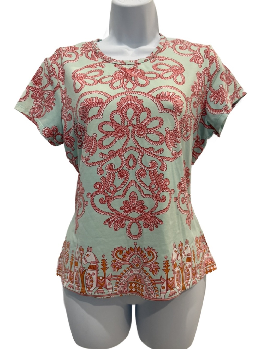 J Mclaughlin Catalina Cloth Mint Green & Coral Patterned Short Sleeve Top. Med.